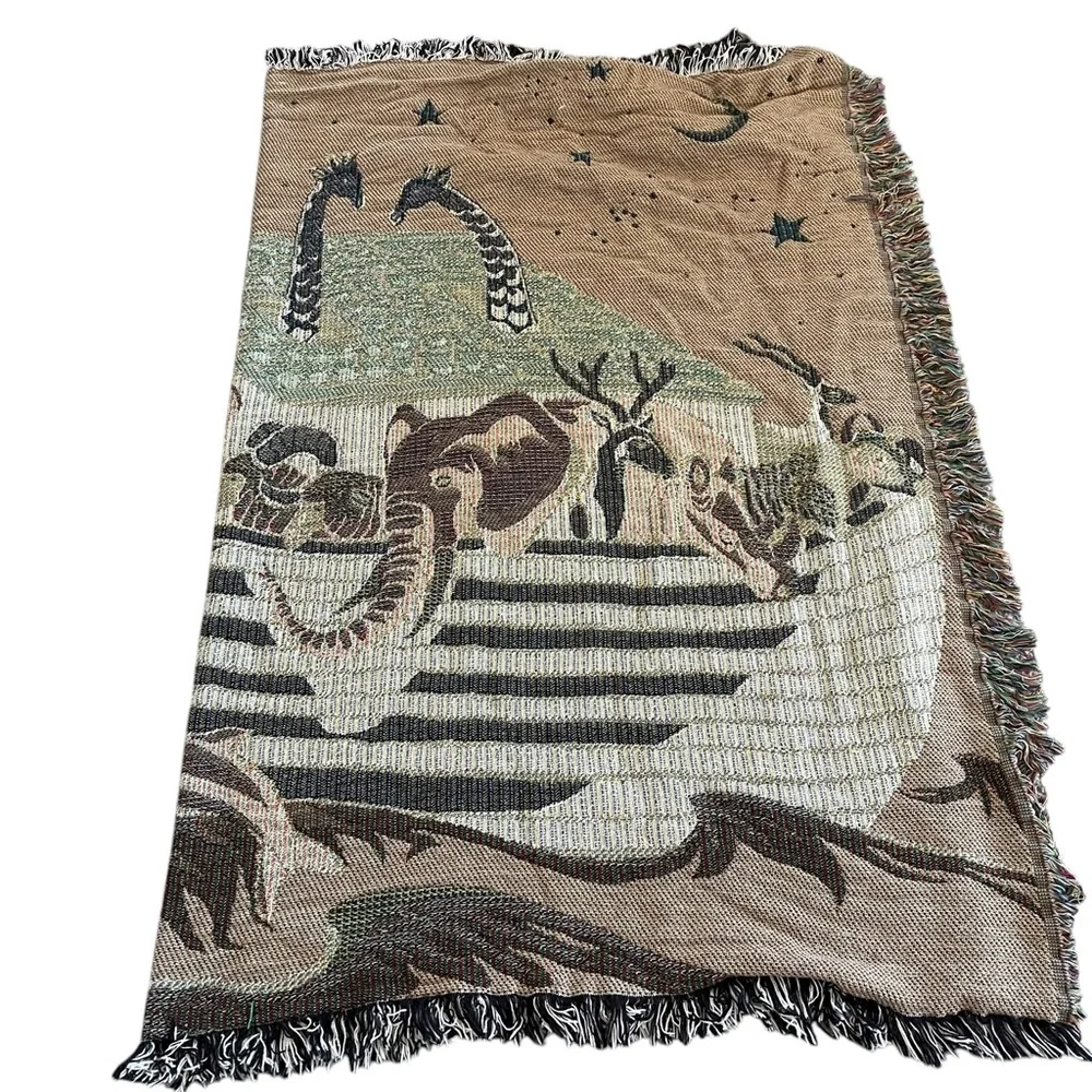 Vtg Woven Throw Blanket Noahs Ark Animals Fringed 65”x50”